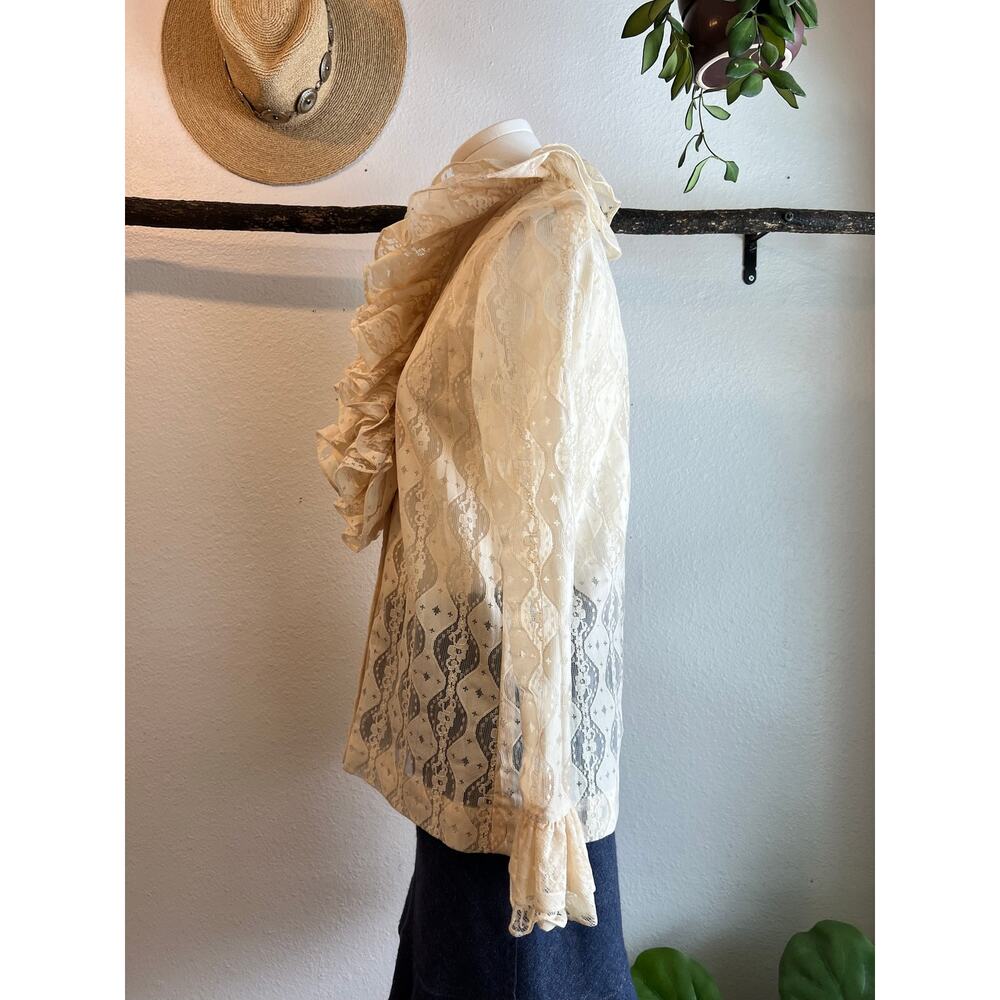 Vintage Neiman Marcus Cream Lace Ruffled Collar Long Sleeve Blouse Size 10 - Picture 5 of 14